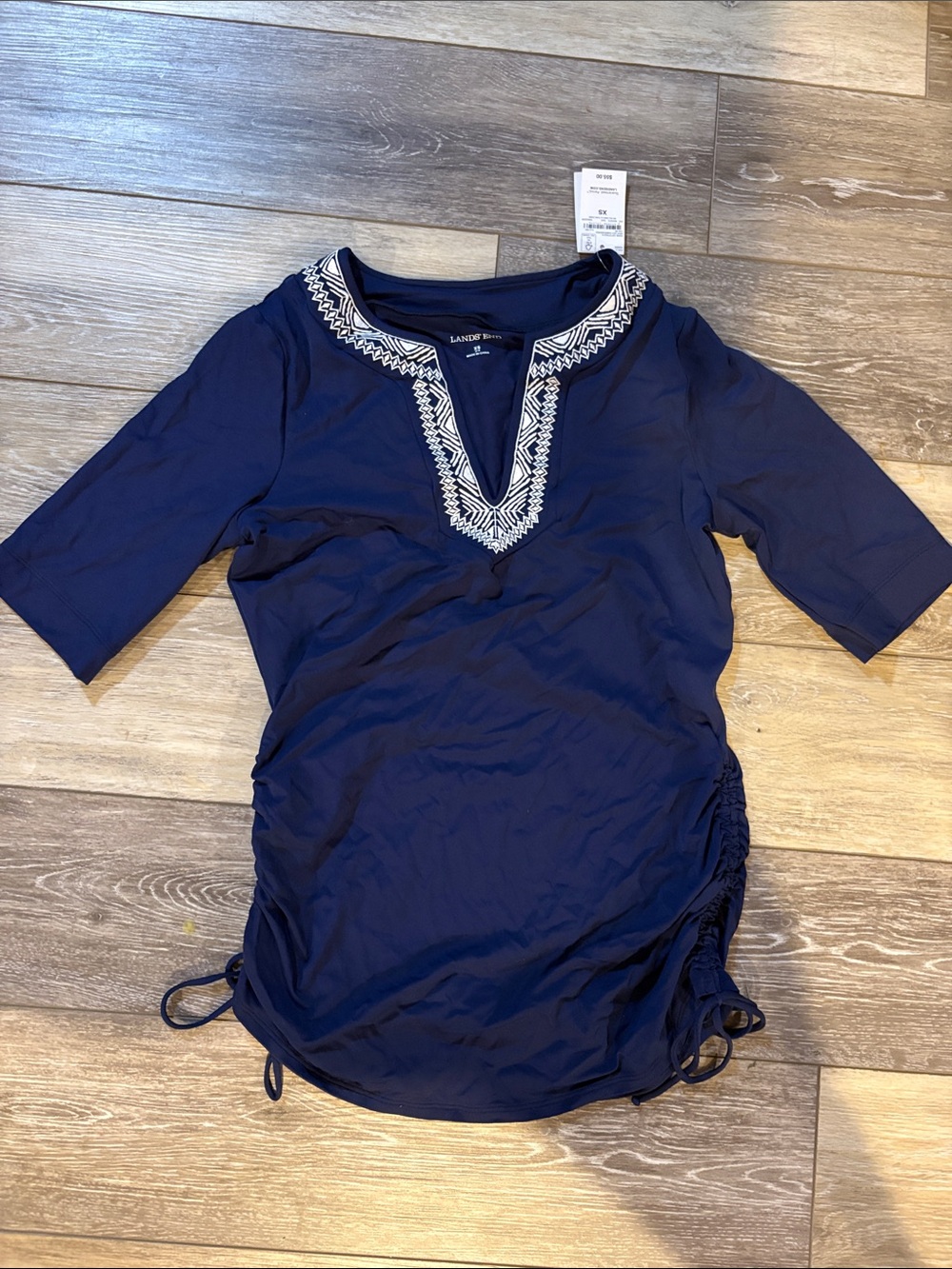 Lands' End Navy swim shirt  with White Embroidered V-Neck